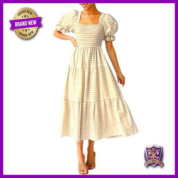 Dresses & Skirts - Bohemian Summer Plaid Square Neck Puff Sleeve Ruffle Flowy Midi Dress